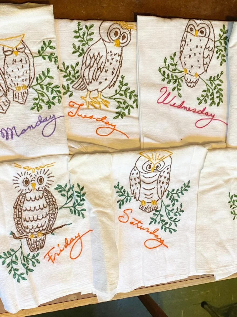 Antique Hand Embroidered Flour Sack Kitchen Towels Owls 7 Days Week Monday